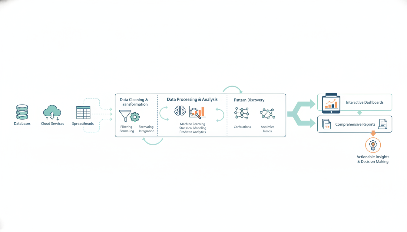 Diagramme du processus d'analyse de données en Business Intelligence, de la collecte à la visualisation des insights.