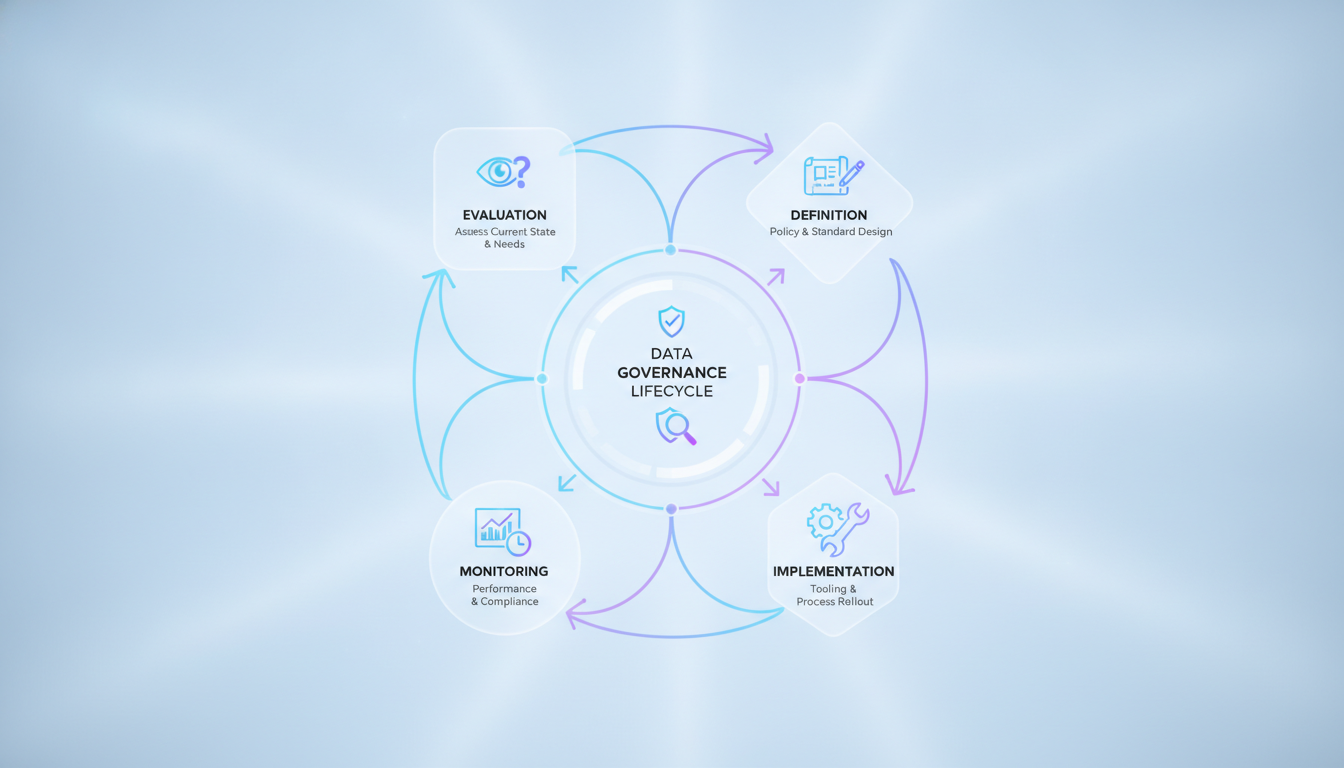 Diagramme visuel des étapes clés de déploiement d'une stratégie de Data Governance, illustrant le processus structuré d'évaluation, définition, implémentation e