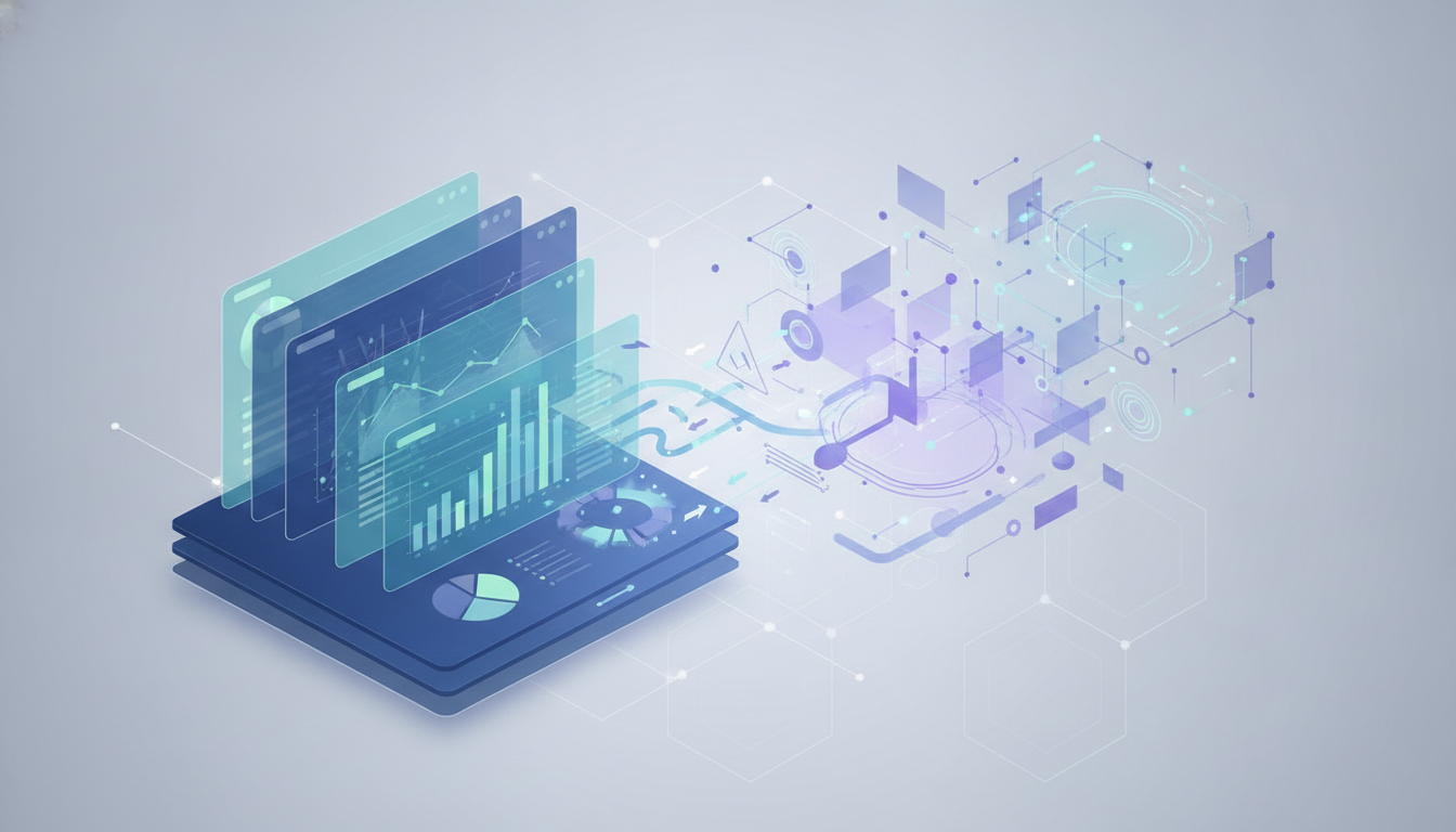 Illustration éditoriale montrant la synergie entre la Business Intelligence et la Data Science, avec des données structurées servant de fondation pour des analy